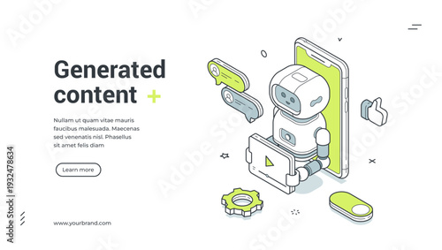 Generated content isometric banner. Robot creating video for social media. Modern web template vector illustration for a landing page and content creation service
