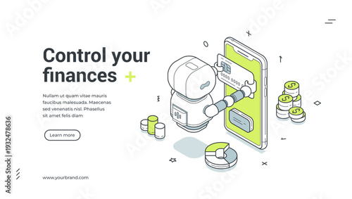 Control your finances isometric banner. Robot assistant for online banking and payment. Modern web template vector illustration for a landing page and financial service
