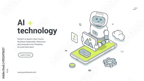 AI technology isometric banner. Robot for image processing and cloud data. Modern web template vector illustration for a landing page and mobile application service