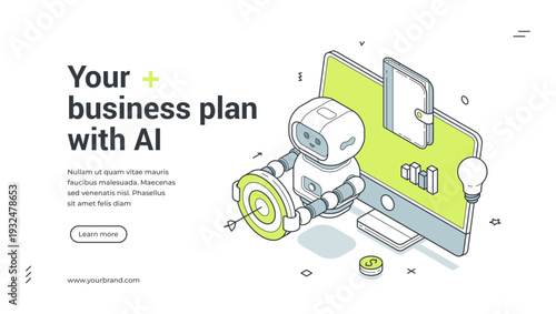 Business plan with AI isometric banner. Robot assistant for strategy and goals. Modern web template vector illustration for a landing page and business consulting service