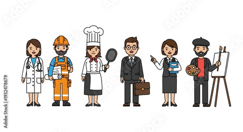 Diverse group of professionals showcasing various occupations and careers in a line.