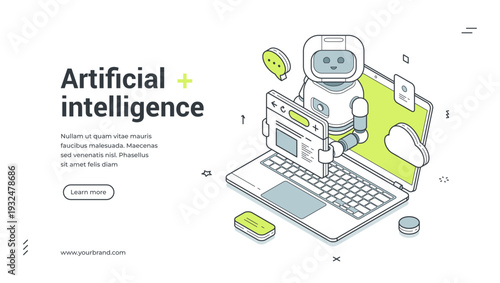 Artificial intelligence isometric banner. Robot chatbot assistant on laptop for customer support. Modern web template vector illustration for a landing page and online service