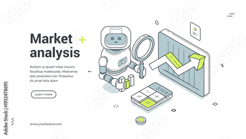 Market analysis isometric banner. Robot with magnifier analyzes financial data for business growth. Modern web template vector illustration for a landing page and analytics service