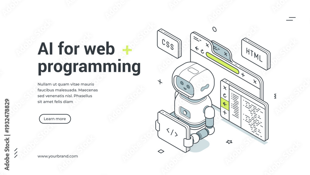 Obraz premium AI for web programming isometric banner template. Vector illustration for a landing page about coding and software development. Modern technology concept for automation with a robot
