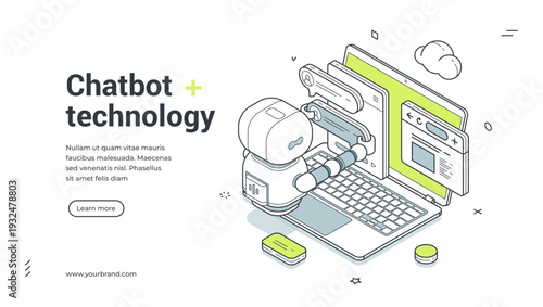 Chatbot technology isometric banner. Robot for customer support and online service automation. Web template vector illustration for AI assistant, live chat, virtual help on website