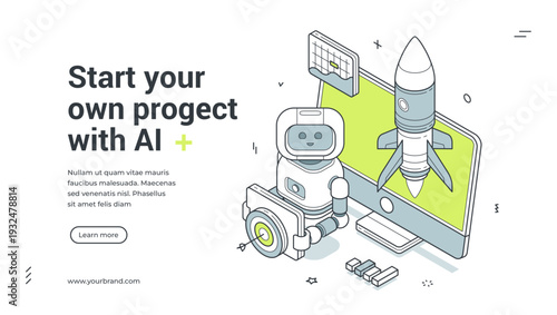 Start project with AI isometric banner template. Vector illustration for a landing page showing a robot and rocket launch. Modern technology concept for a business startup and innovation