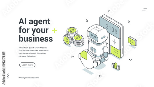 AI agent for business isometric banner template. Vector illustration for a financial landing page. Modern technology concept for data analysis and automation with a robot