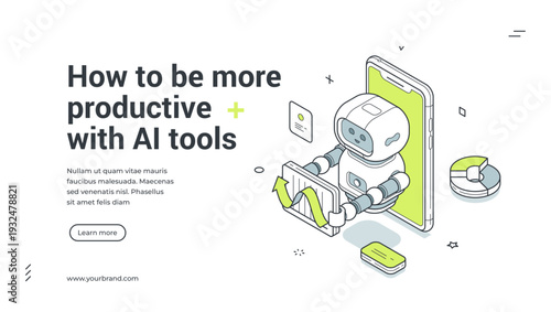 Productivity with AI tools isometric banner template. Vector illustration for a landing page with robot assistant. Modern technology concept for business automation and workflow improvement