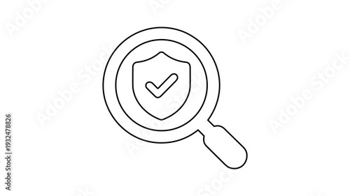 Line art animation showing search and shield with a checkmark