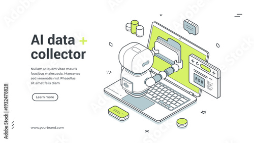 AI data collector isometric banner template. Vector illustration for a landing page with a robot gathering data. Modern technology concept for information mining, analysis, and business automation