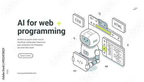AI for web programming isometric banner template. Vector illustration for a landing page about coding and software development. Modern technology concept for automation with a robot