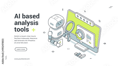 AI based analysis tools isometric banner template. Vector illustration for a landing page with a robot analyzing data. Modern technology concept for business intelligence and market research