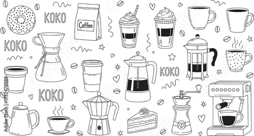 Artisanal Coffee Culture and Cafe Doodle Set Featuring Hand-Drawn Brewing Equipment Espresso Machine and Pastries in a Whimsical Sketch Style