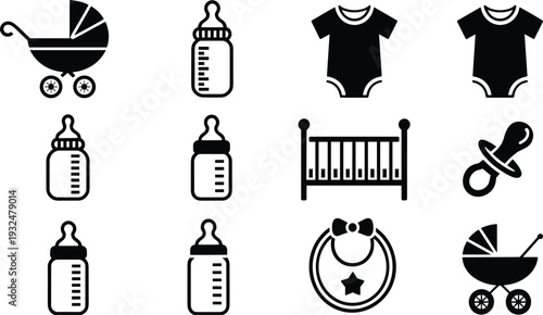 Black baby care icon set with stroller, feeding bottle, bodysuit, crib, pacifier and bib, flat solid silhouette vector collection isolated on white background