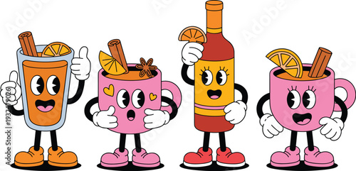 Retro Cartoon Character Set of Mulled Wine Mugs and Spiced Cider Bottle Vector