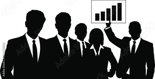 Black silhouette set of professional business people in suits and ties including a manager holding a successful growth bar chart, corporate team concept.