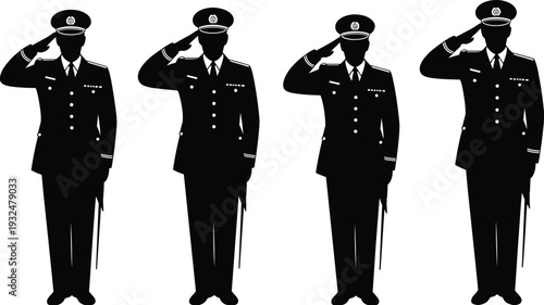 Set of four black silhouettes showing male officers in formal military or police uniforms saluting in various poses isolated on a white background