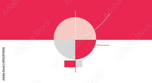 Abstract red and white composition with a circular chart silhouette