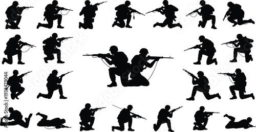 Black silhouette set of soldiers in combat positions, military men with rifles kneeling and prone, army tactical operations, cad drawing flat vector illustration.