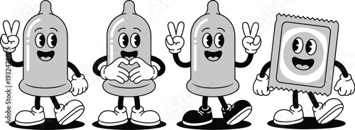 Retro Cartoon Condom Characters Set in Vintage Rubber Hose Style