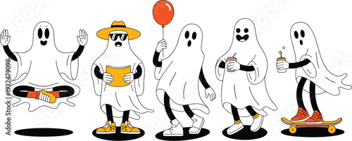 Retro Cartoon Ghost Mascot Characters Set - Funny Spooky Phantoms with Vintage Rubber Hose Animation Style for Halloween