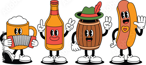 Retro Cartoon Oktoberfest Characters Set with Beer Mug, Bottle, Wooden Barrel, and Hot Dog