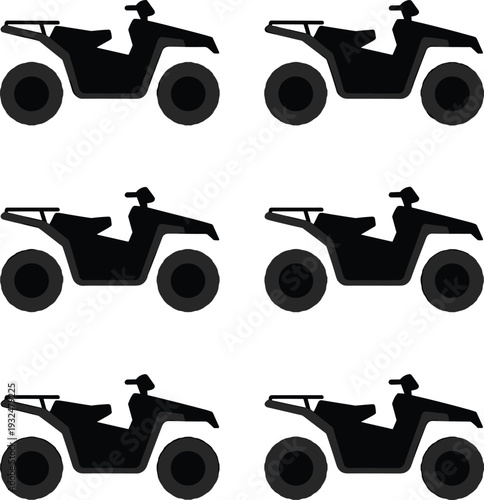 ATV quad bike silhouette icon set, off road four wheeler vehicle isolated on white background, black transport vector illustration