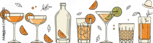 Refined Citrus Cocktail and Spirits Illustration Set Featuring Martini Coupe and Highball Glassware with Orange Garnishes for Mixology and Bar Menus