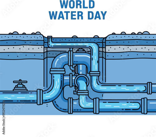 Underground water pipe system with blue plumbing connections and valves within earth layers essential for urban resource distribution and utility