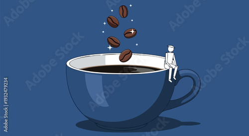 Tiny Person Sitting on Blue Coffee Cup with Falling Coffee Beans Vector Illustration