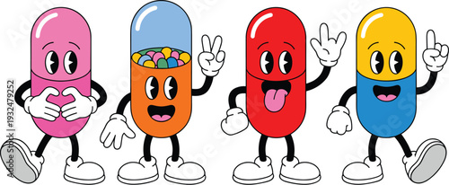 Retro Cartoon Pill Mascot Characters Set - Funny Medicine Capsules with Vintage Rubber Hose Animation Style for Healthcare and Pharmacy Design