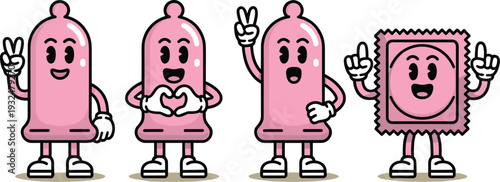 Retro Cartoon Condom Mascot Characters Set - Funny Contraceptive and Safe Sex Concept with Vintage Rubber Hose Animation Style