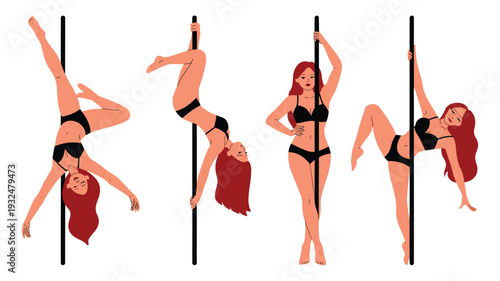 Set of Beautiful Female Pole Dancers in Various Athletic Poses Vector Illustration