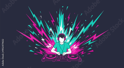 DJ Playing Music with Vibrant Pink and Cyan Sound Waves Vector Illustration