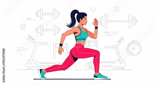 Woman Doing Lunges in Gym with Fitness Equipment Vector Illustration