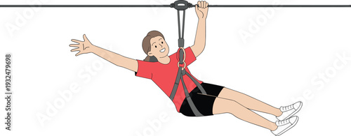 Smiling Young Woman Ziplining on Extreme Adventure Course - Outdoor Summer Activity and Action Sports Illustration
