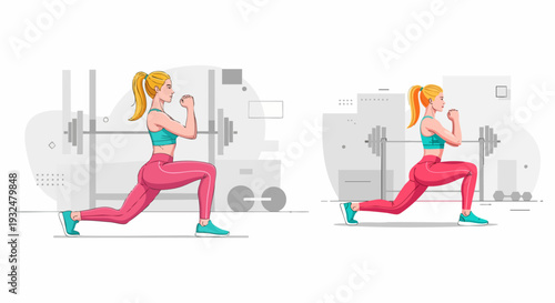 Woman doing lunges exercise in gym vector illustration