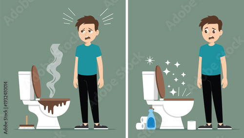 Toilet Cleaning Before and After Illustration - Man with Dirty Clogged Toilet vs Sparkling Clean Bathroom Concept