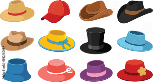 Vector Set of Diverse Hats and Headwear Icons - Fashionable Caps Fedoras and Cowboy Hats