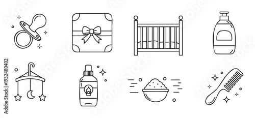 A collection of simple line icons depicting essential baby care items and nursery accessories suitable for parenting blogs, product guides, and mobile application interfaces.