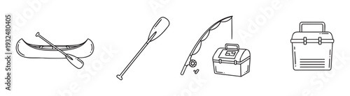 Outdoor activity equipment set featuring a classic canoe with paddles, a fishing rod, and a tackle box, perfect for promoting recreation, adventure, and watersports services