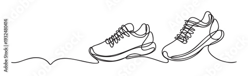 Dynamic continuous line drawing depicting a pair of modern sports shoes, perfect for promoting active lifestyles, fitness events, athletic training, and sportswear brands