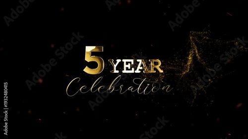 Golden sparkles and text on dark background for 5 year celebration or anniversary  festive shiny design element
