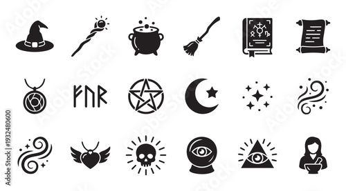 Collection of dark magic and occult symbols for witchcraft themed graphic resources, mystical spiritual alchemy designs, and esoteric visual projects