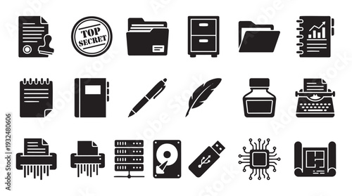 Essential collection of business administration and information technology glyphs for comprehensive office documentation management, data storage, and communication concepts across various