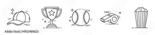 Collection of sports and entertainment line icons featuring a baseball cap winner trophy baseball referee whistle and movie popcorn for event graphics and digital applications