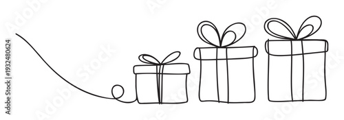 Minimalist single line drawing featuring three gift boxes with ribbons and bows in ascending size for holiday greetings event invitations and packaging graphics