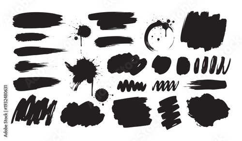 A dynamic collection of handdrawn black ink brush strokes and expressive paint splatters providing versatile texture elements for graphic visuals and modern abstract decorative projects.