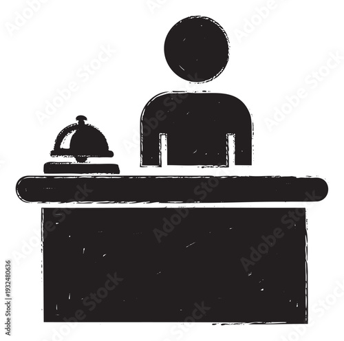 Professional service person standing at a welcoming reception desk with a customer bell ready for assistance, perfect for business and hospitality industry applications