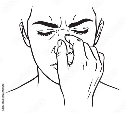 Asian person experiencing discomfort or headache, pinching their nose and closing eyes, useful for depicting stress, pain, or allergy symptoms in health and wellness content